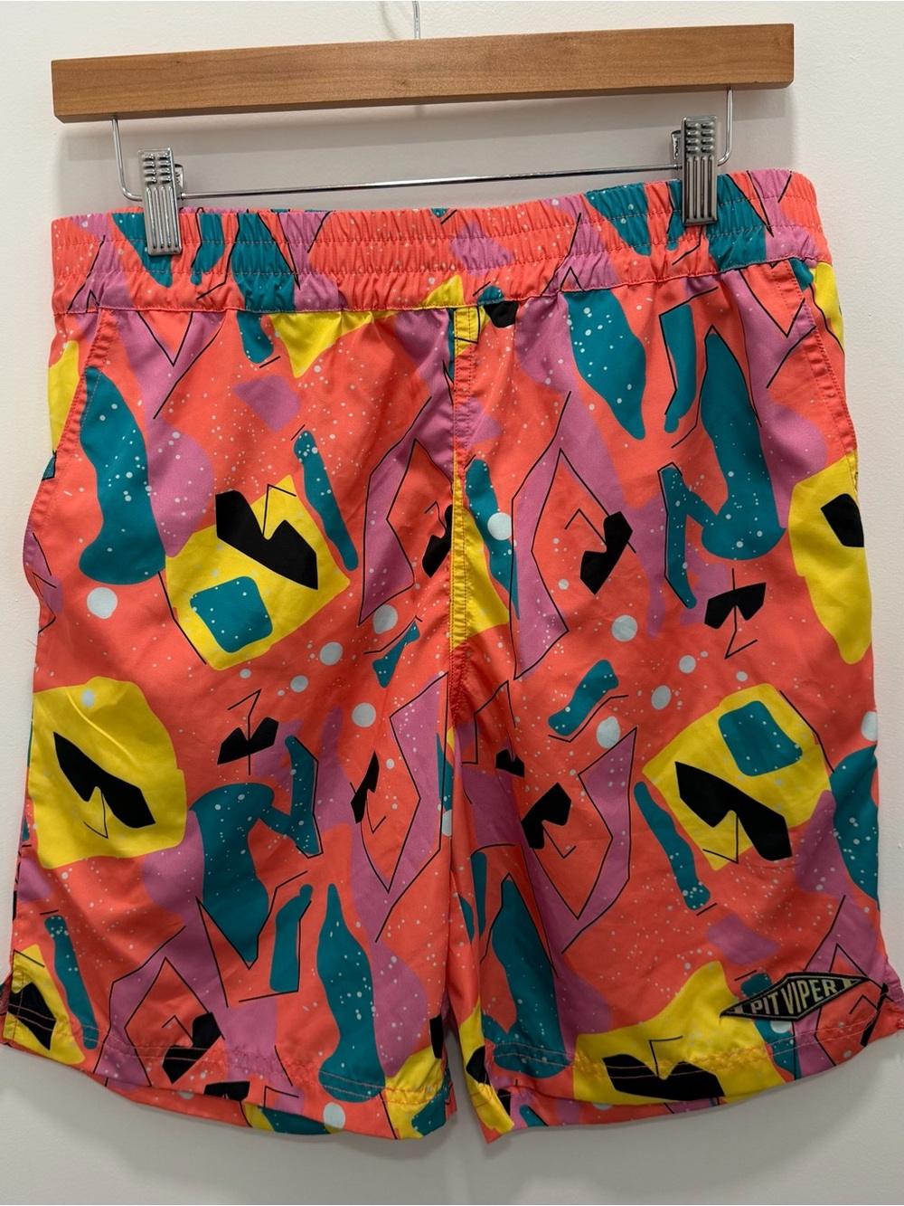 Pit Viper Men’s Coral Abstract Athletic Shorts with Yellow, Teal & Pink Accents